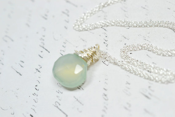 Pale Mint Gemstone Necklace, Aqua Chalcedony Seafoam Glowing Necklace, Wire Wrapped Briolette Gemstone Jewelry