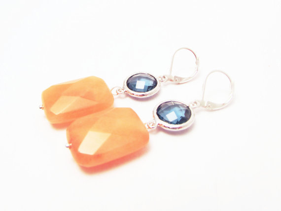 Peach Faceted Jade Gemstone and Navy Blue Earrings - Gemstone Earrings, Faceted Earrings, Orange and Blue, Stone Earrings, Dangle Earrings