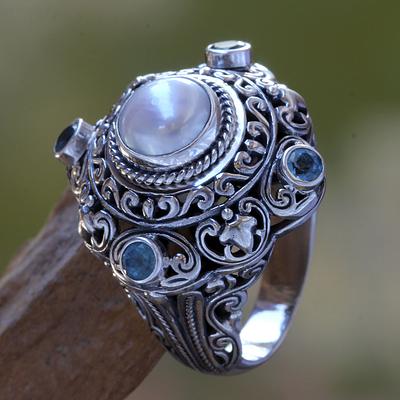 Pearl and Blue Topaz Cocktail RIng