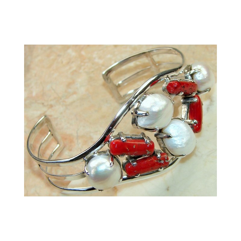 Pearl, Red Coral Bangle 925 Sterling Silver