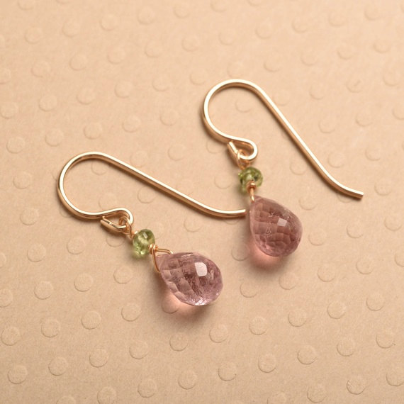 Pink Tourmaline Gold Earrings, Gemstone Drop Earrings, Pink Green Gemstone Earrings, Healing Gemstone Jewelry