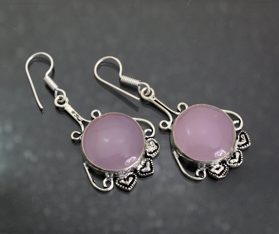 Pink chalcedony earrings 92.5 sterling silver overlay earrings, gemstone cabochon earrings,Pink chalcedony gemstone