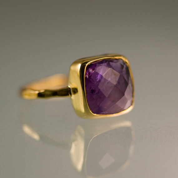 Purple Amethyst Ring- February Birthstone Ring - Gemstone Ring - Stacking Ring - Gold Ring- Cushion Cut Ring
