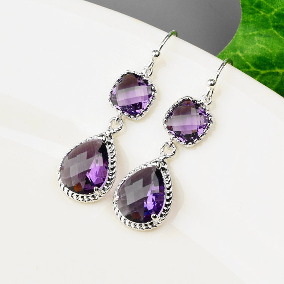 Purple Bridesmaid Earrings SET OF 4 - 8% OFF Bridesmaid Jewelry Set - Amethyst Earrings - Silver Glass Drop Earrings - Crystal Earrings