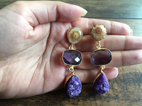 Purple Brown Druzy Earrings Purple Glass Earrings Statement Earrings Natural Gemstone Earrings Matte Gold Earrings