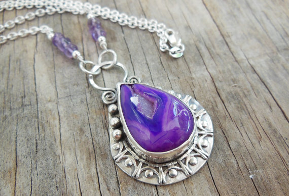 Purple Druzy Pendant Necklace, Sterling Silver, Gemstone Pendant, Purple Bezel Set Stone, Large Statement Necklace