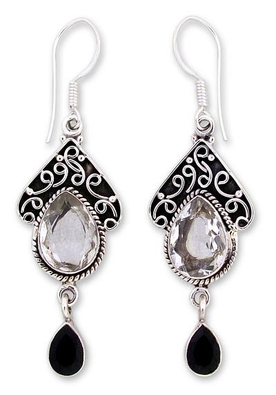 Quartz and Onyx Silver Dangle Earrings, 'Queen of Jaipur'
