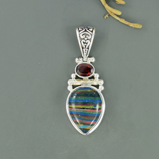 Rainbow Calsilica & Garnet Pendant, Gemstone Pendant, Stone Pendant, Gemstone Jewelry, Sterling Silver Pendant, Designer Gift Pendant