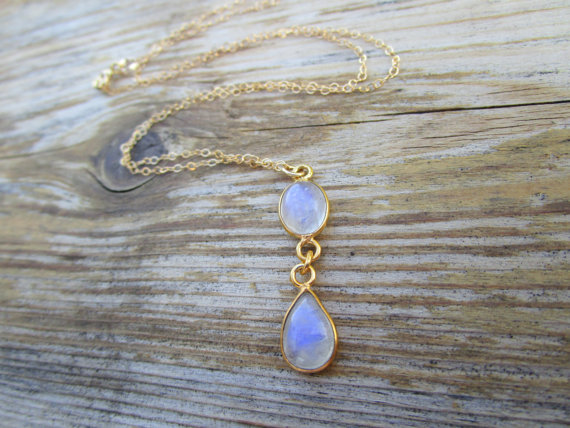 Rainbow Moonstone Drop Necklace in Gold