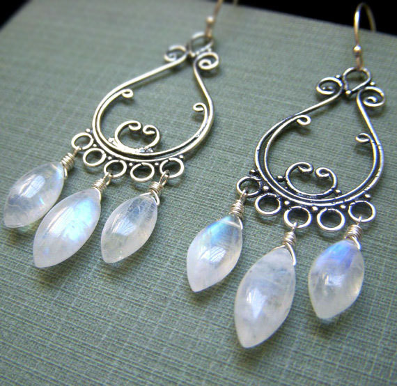 Rainbow Moonstone Earrings Sterling Silver, Wirewrapped Genuine Gemstone Chandelier Briolette, Bohemian Boho Chandeliers