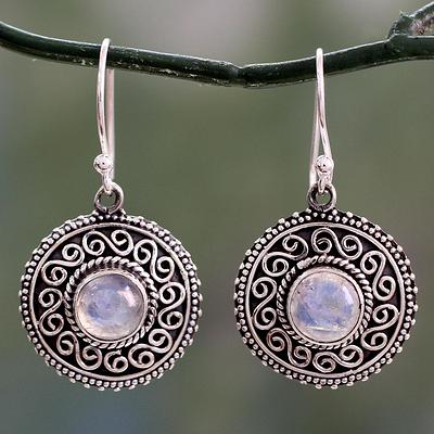 Rainbow Moonstone Earrings with Oxidized Silver Accents, 'Moonlight Mandala'