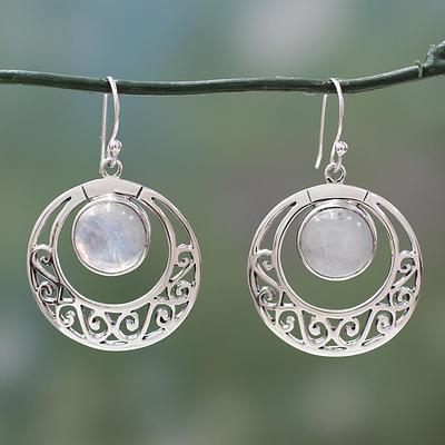 Rainbow Moonstone Indian Earrings Sterling Silver Jewelry, 'Classic Romance'