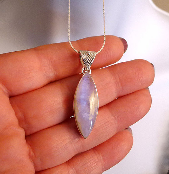 Rainbow Moonstone Necklace, Sterling Silver Moonstone Pendant, .925 Silver and Genuine Rainbow Moonstone Marquise Gemstone Jewellery