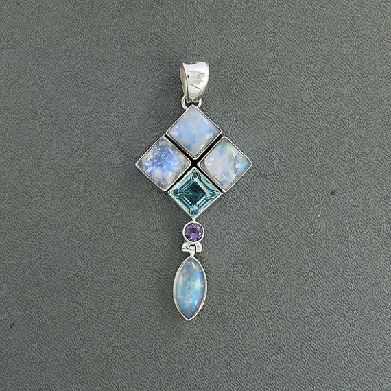 Rainbow Moonstone, Blue Topaz & Amethyst Pendant, Solid Sterling Silver Jewelry, Natural Multi Gemstone Pendant