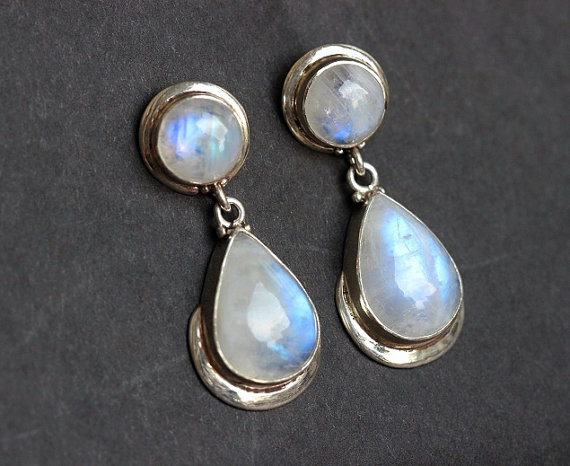 Rainbow moonstone earrings - sterling silver post Dangle earrings - Bezel set earrings - Cabochon earring - Gemstone earrings