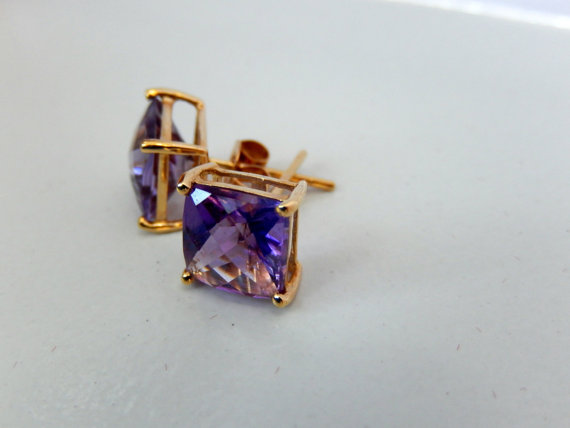 Rare purple gemstone earrings, Amethyst Earrings, 14k Yellow Gold, Brazilian gemstone, purple earrings, ladies earrings