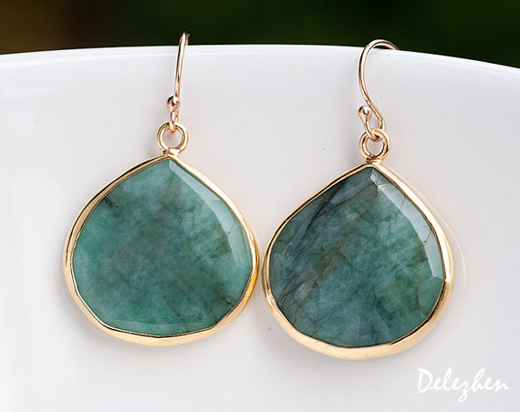 Raw Emerald Earrings - Bezel Gemstone Earrings - May Birthstone Jewelry - Silver Earrings - Drop Earrings