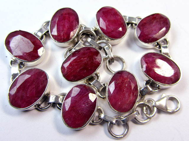 Red Corundum Gemstone Silver Bracelet