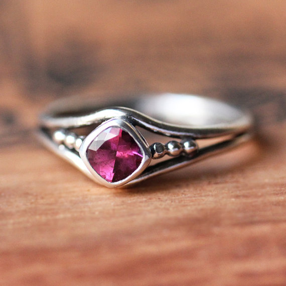 Rhodolite garnet ring - pink gemstone ring - bezel - recycled sterling silver - cushion