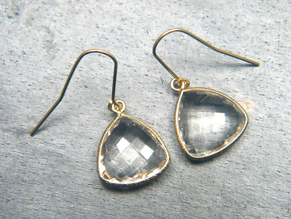 Rock Crystal Quartz Geometric Dangle Earrings with Gold Filled Hook Everyday Earrings Triangle Cushion Gemstone Earrings Minimalist
