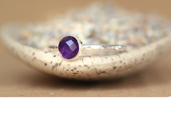 Rose Cut Amethyst Gemstone Ring in Sterling - Delicate Silver Amethyst Stacking Ring - Dainty Amethyst Ring - February Birthstone Ring