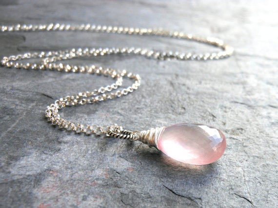 Rose Quartz Necklace Jewelry Pendant Necklace, Pink Teardrop, Sterling Silver Rolo Chain Gemstone