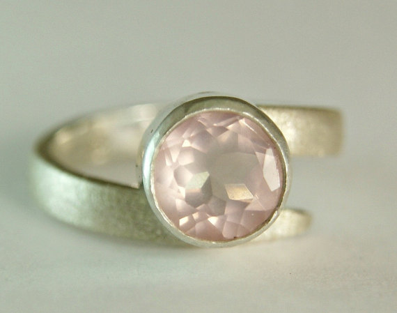 Rose Quartz Sterling Swirl Ring, Contemporary Jewelry, Silver Satin Band, Faceted Pink Gemstone Ring