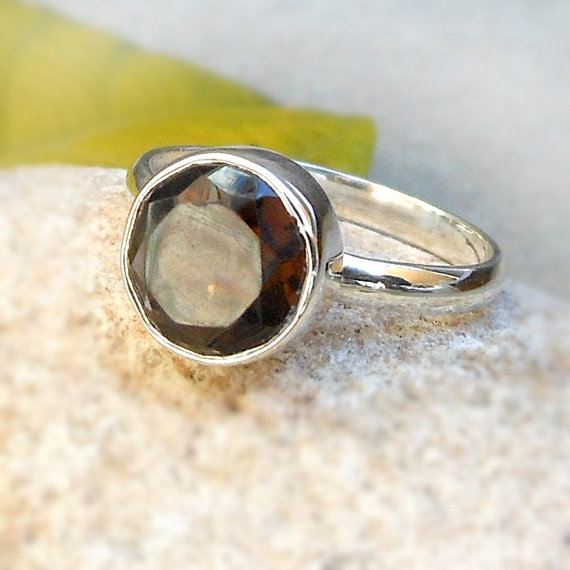 Round Smoky Quartz Sterling Silver Ring - Stacking Ring - Gemstone Ring - Brown Stone Ring - silver Artisan Ring