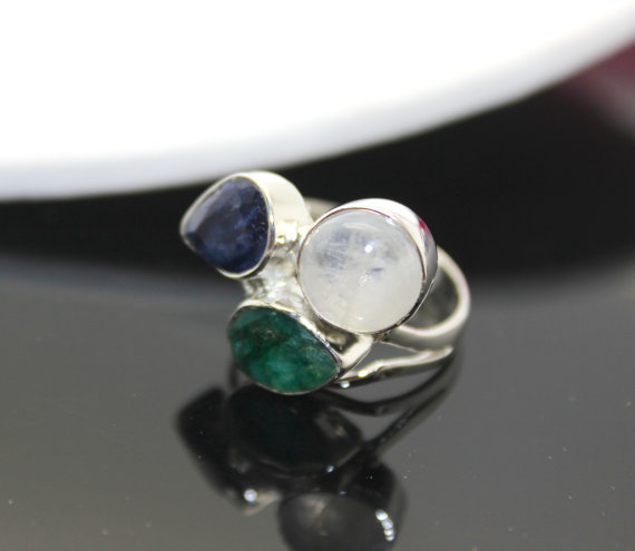 Sapphire, Emerald, Moonstone Ring,Sterling Silver Ring , Gemstone Ring