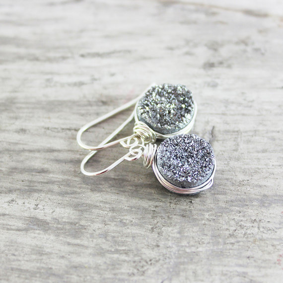 Silver Druzy Earrings, Wire Wrap Earrings, Druzy Gemstone Earrings, Sterling Silver Earrings, Silver Drusy Jewelry, Silver Dangle Earrings