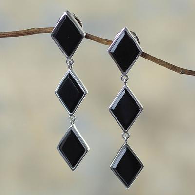 Silver Earrings with Onyx, 'Night Diamonds'