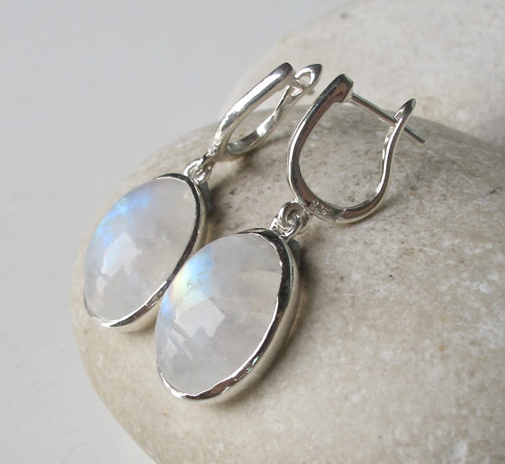 Silver Earrings- Moonstone Earrings- Rainbow Moonstone Earrings- June Birthstone Earrings- Earrings- Leverback Earrings- Bezel