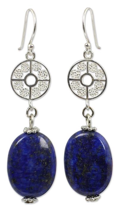 Silver Filigree and Lapis Lazuli Dangle Earrings, 'Filigree Sky'