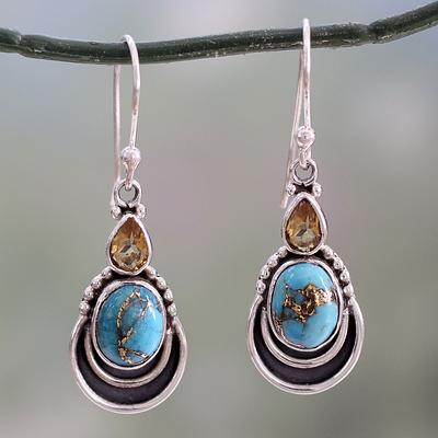 Silver Hook Earrings with Citrine and Composite Turquoise, 'Eternal Allure'
