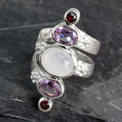 Silver Moonstone Artisan Ring with Amethyst and Garnet