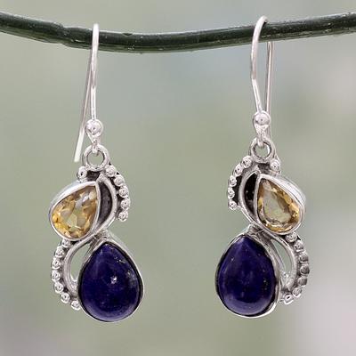 Silver and Lapis Lazuli Earrings with Faceted Citrine, 'Two Teardrops'