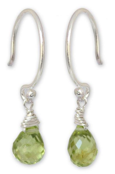 Silver and Peridot Dangle Earrings, 'Dewdrops'