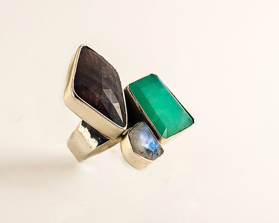 Silver ring - Gem stone ring - colorfull ring - asymmetric ring - Statement ring