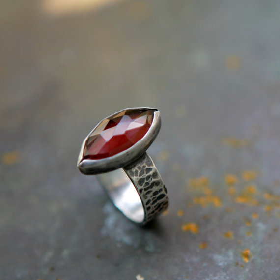 Siren Ring - Red Garnet Ring - Sterling Silver Wide Band Gemstone Ring - Rose Cut Garnet - January Birthstone - Blood Red Ring