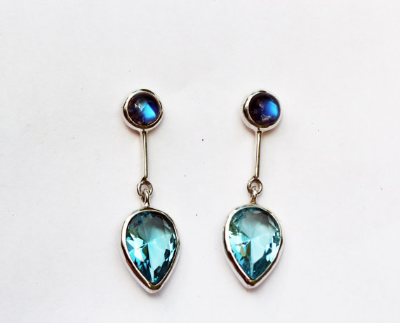 Sky Blue Quartz and Blue Moonstone Earrings Bezel Set in Sterling Silver, Post Stud Gemstone Earrings