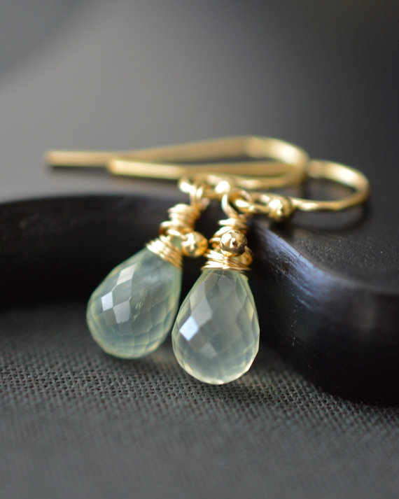 Small Prehnite Earrings  Pale Green Gemstone Earrings Gold Gemstone Dangles Mint Green Earrings  Wire Wrapped Prehnite Jewelry