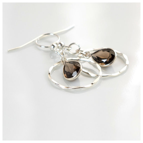 Smokey quartz earrings smokey quartz sterling silver handmade silver hoop earrings gemstone earrings long drop earring smokey quartz jewelry