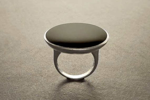 Statement Black Onyx Gemstone Ring - Large Genuine Black Onyx Round Stone is set on a Modern & Design Sterling Silver Ring Setting. Handmade