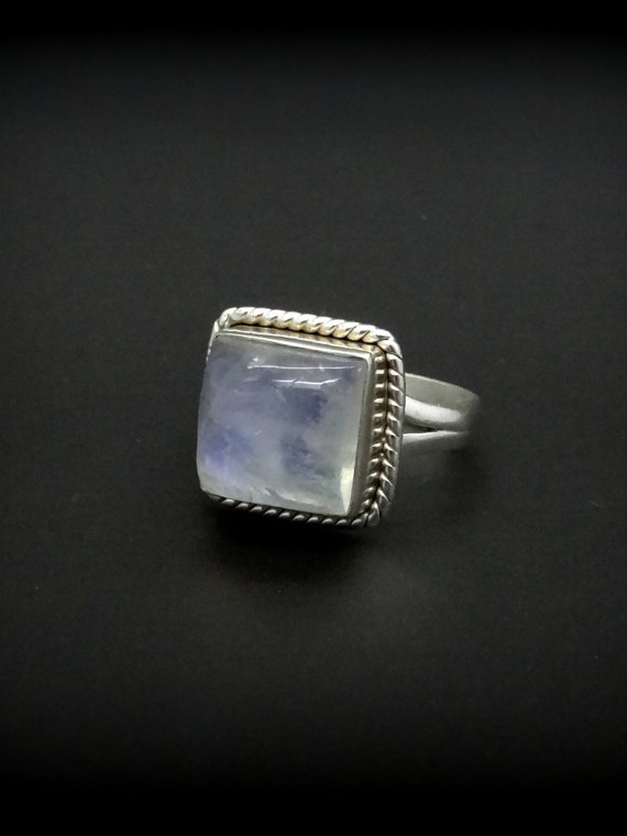 Sterling Silver & Natural Blue Moonstone Ring, Square Gemstone Ring - Opalescent Blue Gemstone Ring - Vintage