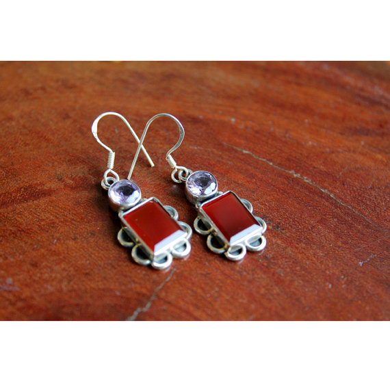 Sterling Silver Amethyst Earrings, Red Onyx Earrings, Silver Filigree Earrings, 925 Sterling Silver Jewelry, Oxidized Silver Earrings