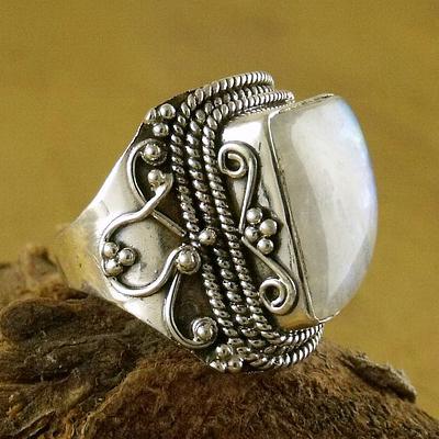 Sterling Silver Cocktail Ring Moonstone Jewelry, 'Love's Passion'