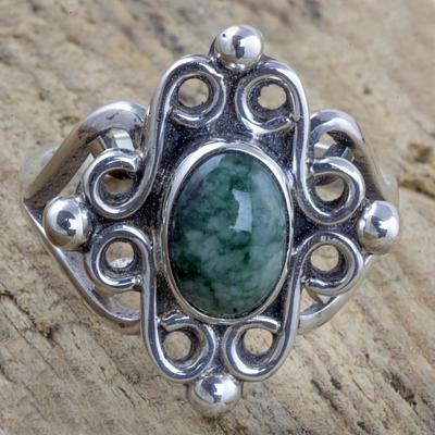 Sterling Silver Cocktail Ring with Light Green Jade, 'Maya Majesty'