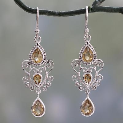 Sterling Silver Dangle Earrings with Pear Shaped Citrines, 'Enchanted Princess'