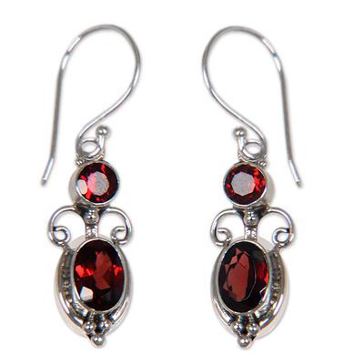 Sterling Silver Garnet Dangle Earrings, 'Crown Princess