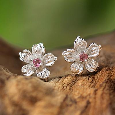  Pink Tourmaline Floral Stud Earrings